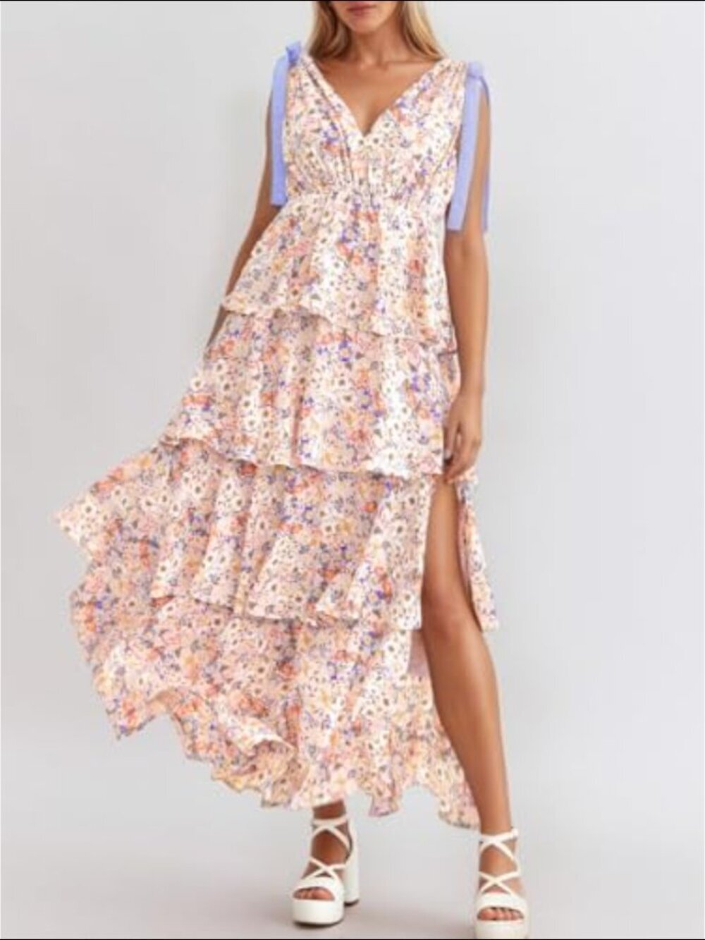 Women's Floral Maxi Dress Pink Tiered Ruffle Sleeveless V Neck Beach Romantic - Picture 3 of 3